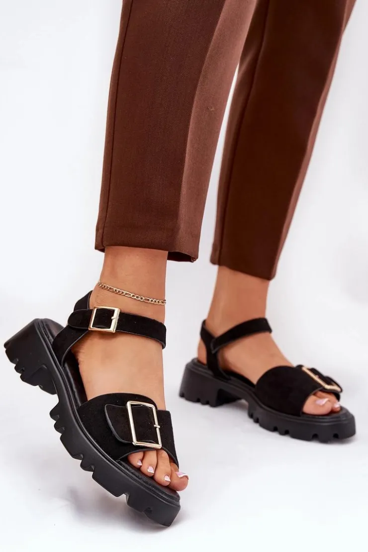 Sale Boto Eko Zamszowe Sandały Damskie Z Klamrą Czarne Gofielle Czarny