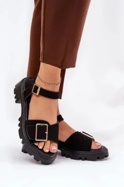 Sale Boto Eko Zamszowe Sandały Damskie Z Klamrą Czarne Gofielle Czarny