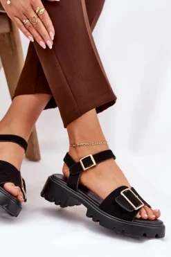 Sale Boto Eko Zamszowe Sandały Damskie Z Klamrą Czarne Gofielle Czarny