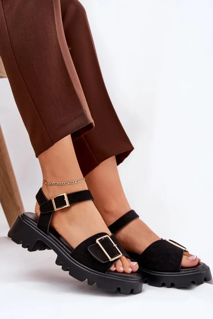 Sale Boto Eko Zamszowe Sandały Damskie Z Klamrą Czarne Gofielle Czarny