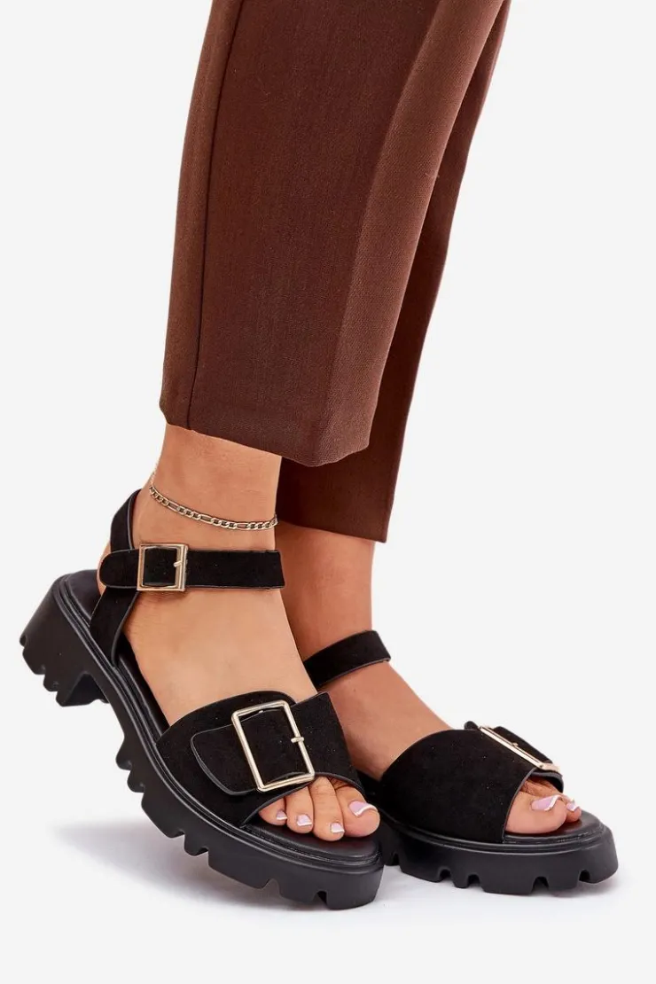 Sale Boto Eko Zamszowe Sandały Damskie Z Klamrą Czarne Gofielle Czarny