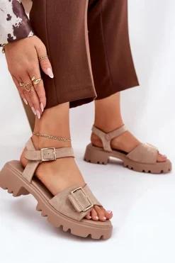 Damskie Boto Eko Zamszowe Sandały Damskie Z Klamrą Beżowe Gofielle