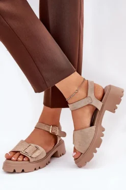 Damskie Boto Eko Zamszowe Sandały Damskie Z Klamrą Beżowe Gofielle