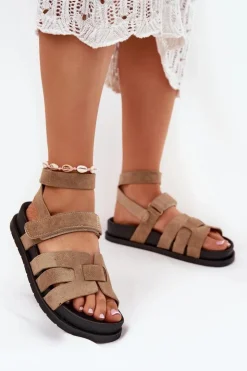 Boto Sandały Płaskie*Eko Zamszowe Sandały Damskie Z Rzepami Ciemnobeżowe Valpera Beżowy