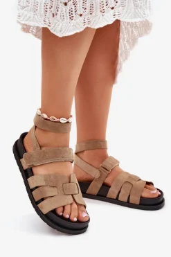 Boto Sandały Płaskie*Eko Zamszowe Sandały Damskie Z Rzepami Ciemnobeżowe Valpera Beżowy