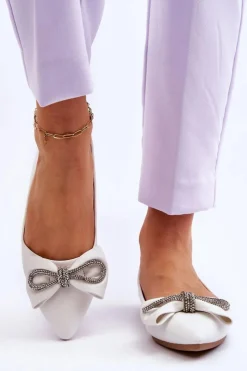 Best Boto Eleganckie Baleriny Z Kokardą I Dżetami Białe One Time
