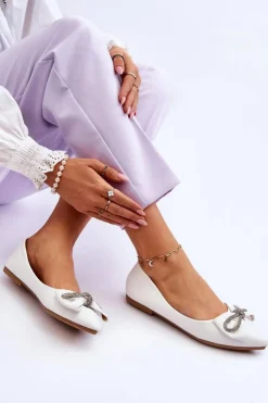 Best Boto Eleganckie Baleriny Z Kokardą I Dżetami Białe One Time