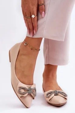 Damskie Boto Eleganckie Baleriny Z Kokardą I Dżetami Beżowe One Time