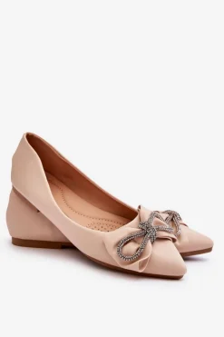 Damskie Boto Eleganckie Baleriny Z Kokardą I Dżetami Beżowe One Time