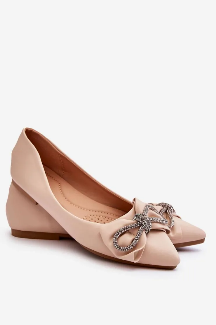 Damskie Boto Eleganckie Baleriny Z Kokardą I Dżetami Beżowe One Time