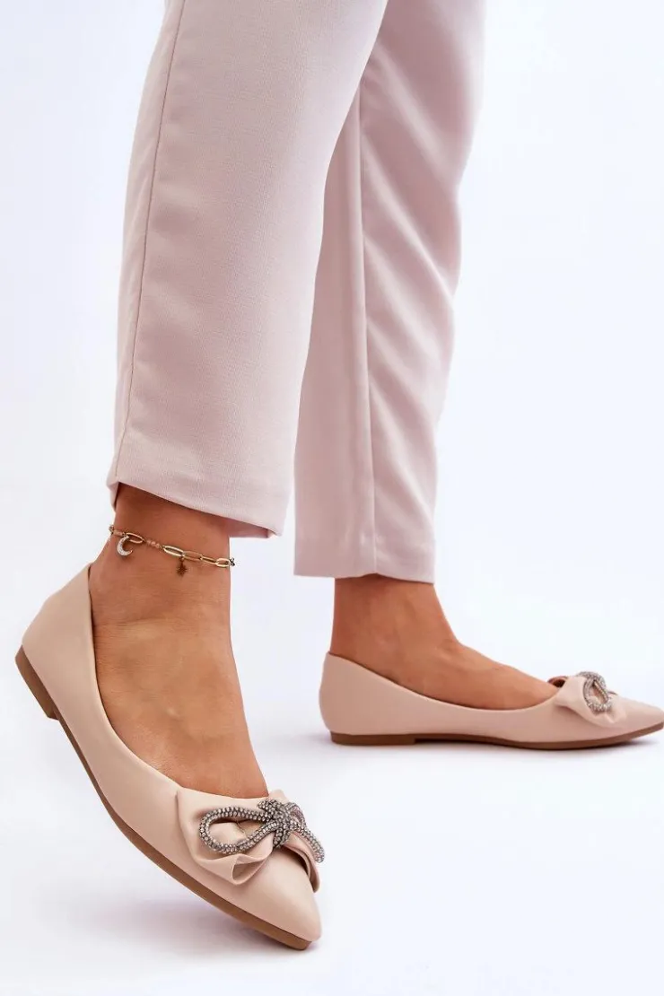 Damskie Boto Eleganckie Baleriny Z Kokardą I Dżetami Beżowe One Time