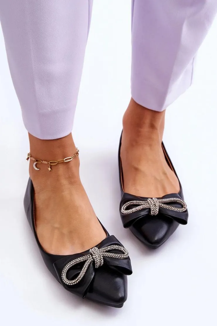 Boto Baleriny Klasyczne*Eleganckie Baleriny Z Kokardą I Dżetami Czarne One Time