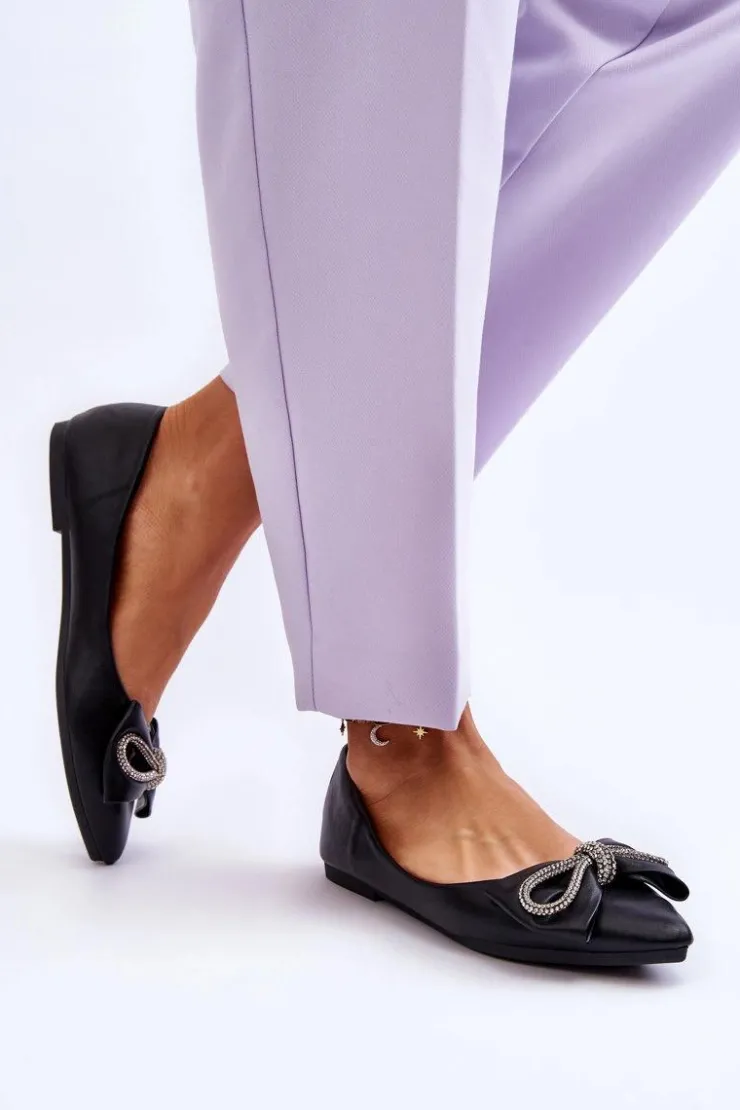 Boto Baleriny Klasyczne*Eleganckie Baleriny Z Kokardą I Dżetami Czarne One Time