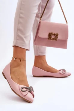 Sale Boto Eleganckie Baleriny Z Kokardą I Dżetami Różowe One Time