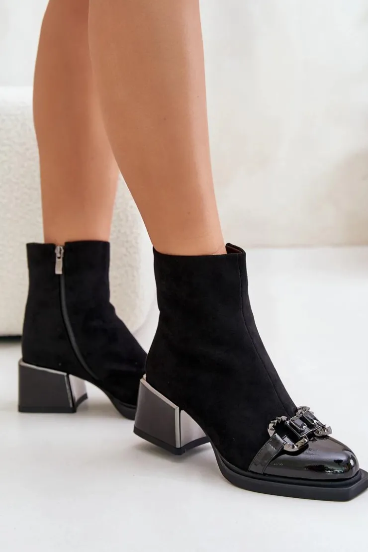 Damskie Damskie buty S.Barski Eleganckie Botki Damskie Na Obcasie Z Ozdobą Czarne MR880-127