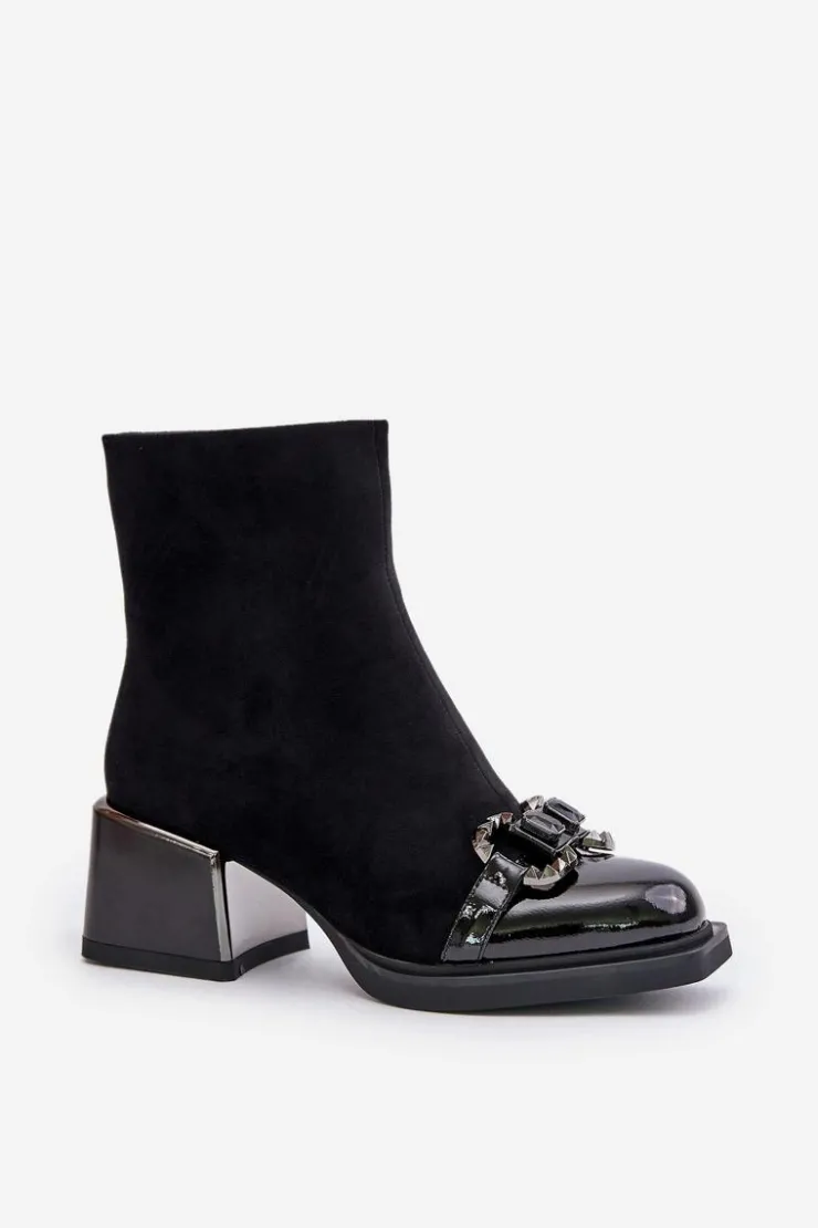 Damskie Damskie buty S.Barski Eleganckie Botki Damskie Na Obcasie Z Ozdobą Czarne MR880-127