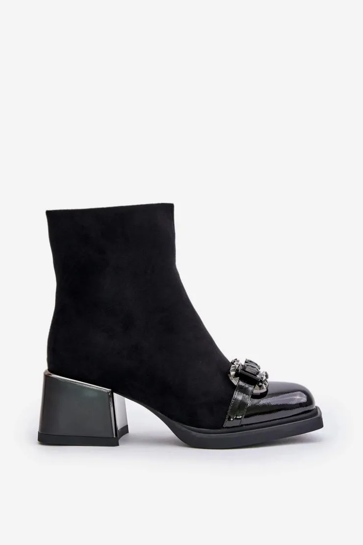 Damskie Damskie buty S.Barski Eleganckie Botki Damskie Na Obcasie Z Ozdobą Czarne MR880-127