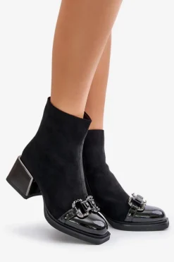 Damskie Damskie buty S.Barski Eleganckie Botki Damskie Na Obcasie Z Ozdobą Czarne MR880-127