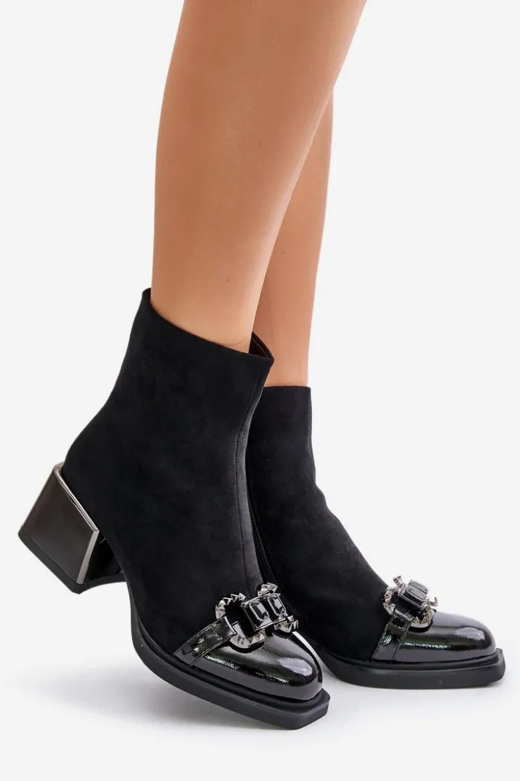 Damskie Damskie buty S.Barski Eleganckie Botki Damskie Na Obcasie Z Ozdobą Czarne MR880-127