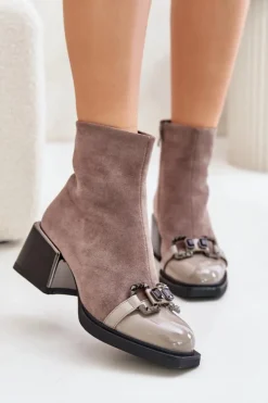 Outlet Damskie buty S.Barski Eleganckie Botki Damskie Na Obcasie Z Ozdobą Szare MR880-127