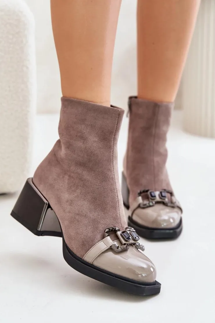 Outlet Damskie buty S.Barski Eleganckie Botki Damskie Na Obcasie Z Ozdobą Szare MR880-127