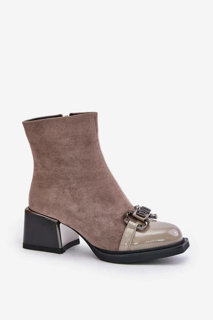 Outlet Damskie buty S.Barski Eleganckie Botki Damskie Na Obcasie Z Ozdobą Szare MR880-127