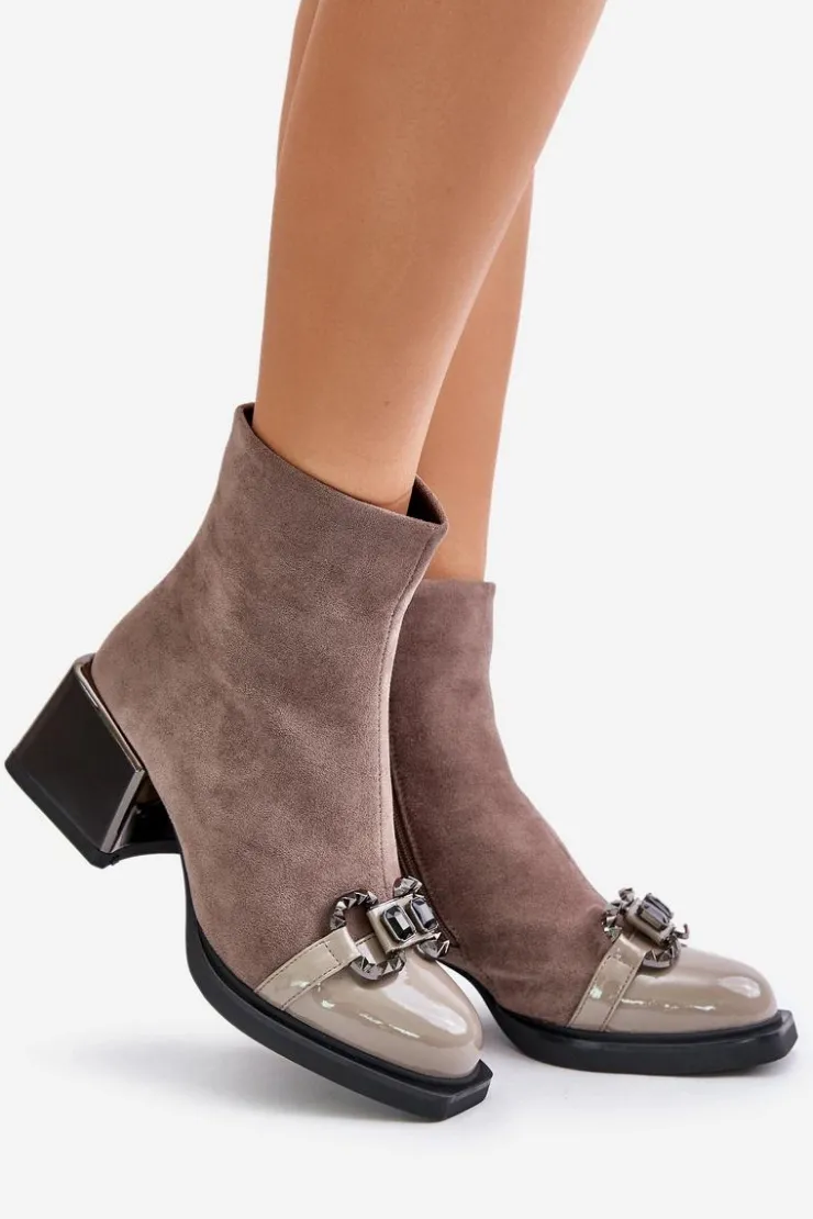 Outlet Damskie buty S.Barski Eleganckie Botki Damskie Na Obcasie Z Ozdobą Szare MR880-127