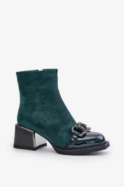 Damskie buty S.Barski Botki Zimowe Damskie|Botki Na Obcasie*Eleganckie Botki Damskie Na Obcasie Z Ozdobą Ciemnozielone MR880-127