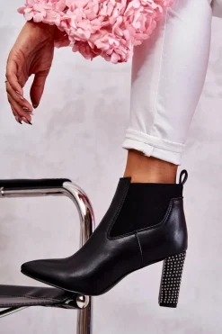 Boto Botki Na Słupku|Czarne Botki*Eleganckie Botki Na Słupku Z Dżetami Czarne Elinor