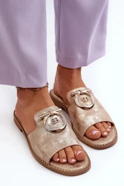 Clearance Damskie buty S.Barski Eleganckie Błyszczące Klapki Damskie Z Ozdobą S.Barski KV27-032 Złote