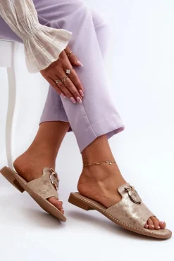 Clearance Damskie buty S.Barski Eleganckie Błyszczące Klapki Damskie Z Ozdobą S.Barski KV27-032 Złote