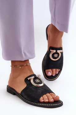 Damskie Damskie buty S.Barski Eleganckie Błyszczące Klapki Damskie Z Ozdobą S.Barski KV27-032 Czarne