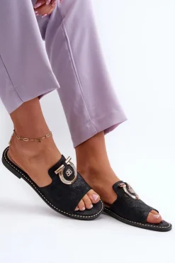 Damskie Damskie buty S.Barski Eleganckie Błyszczące Klapki Damskie Z Ozdobą S.Barski KV27-032 Czarne