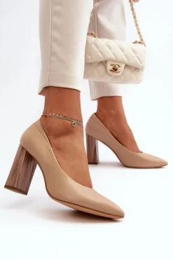 Damskie Buty Sergio Leone Eleganckie Czółenka Na Ozdobnym Słupku Sergio Leone PB217 Ciemnobeżowe