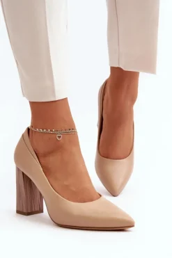 Damskie Buty Sergio Leone Eleganckie Czółenka Na Ozdobnym Słupku Sergio Leone PB217 Ciemnobeżowe