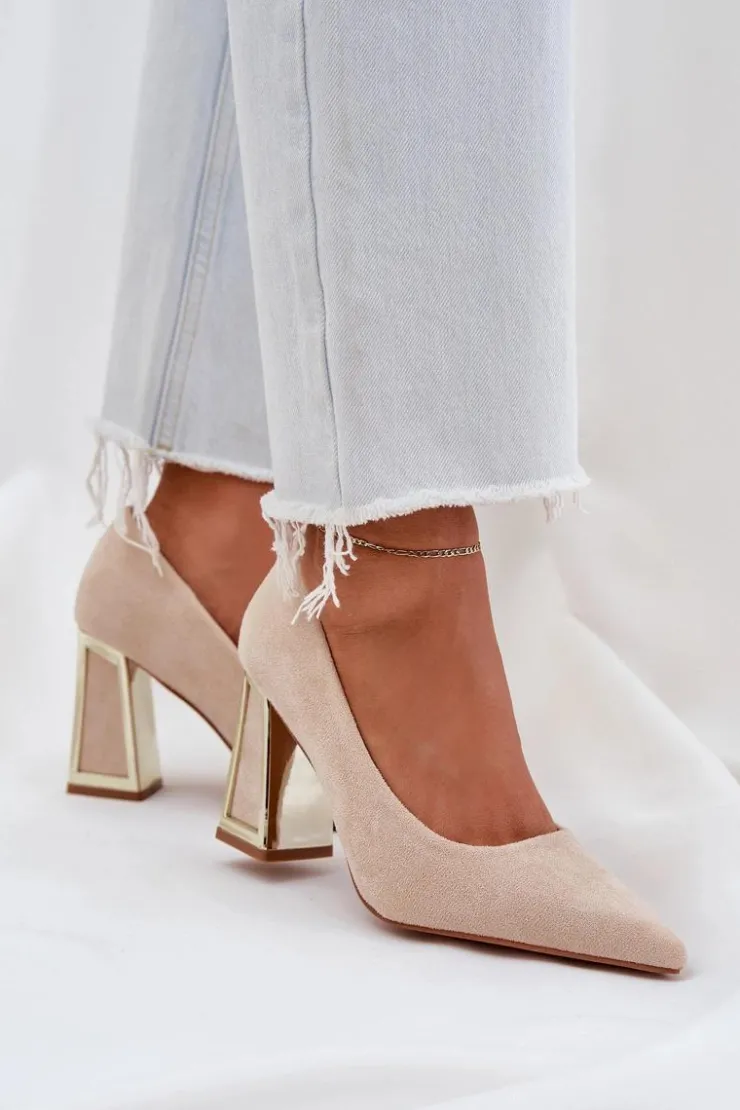 Boto Czółenka Klasyczne*Eleganckie Czółenka Na Słupku Szpiczaste Noski Beżowe Falseki