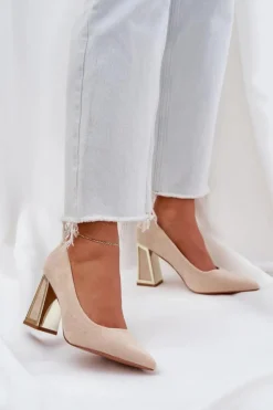 Boto Czółenka Klasyczne*Eleganckie Czółenka Na Słupku Szpiczaste Noski Beżowe Falseki