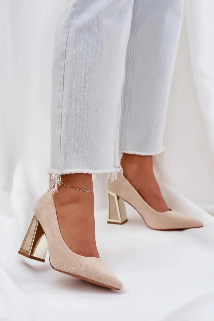 Boto Czółenka Klasyczne*Eleganckie Czółenka Na Słupku Szpiczaste Noski Beżowe Falseki