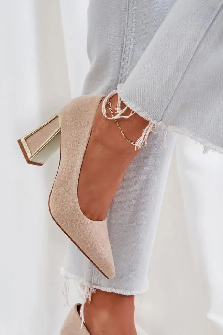 Boto Czółenka Klasyczne*Eleganckie Czółenka Na Słupku Szpiczaste Noski Beżowe Falseki