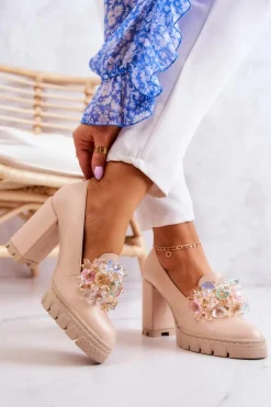 Boto Czółenka Na Platformie|Czółenka Na Słupku*Eleganckie Czółenka Z Ozdobą Gładkie Beżowe Caterine