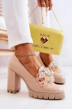 Boto Czółenka Na Platformie|Czółenka Na Słupku*Eleganckie Czółenka Z Ozdobą Gładkie Beżowe Caterine