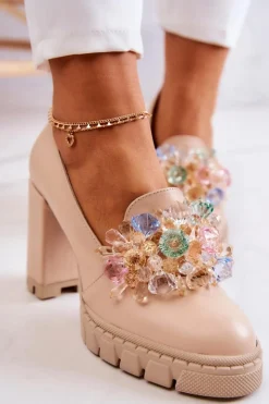 Boto Czółenka Na Platformie|Czółenka Na Słupku*Eleganckie Czółenka Z Ozdobą Gładkie Beżowe Caterine