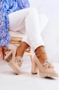 Boto Czółenka Na Platformie|Czółenka Na Słupku*Eleganckie Czółenka Z Ozdobą Gładkie Beżowe Caterine