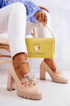 Boto Czółenka Na Platformie|Czółenka Na Słupku*Eleganckie Czółenka Z Ozdobą Gładkie Beżowe Caterine