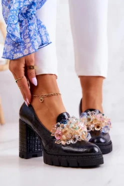 Online Boto Eleganckie Czółenka Z Ozdobą Wężowe Czarne Caterine