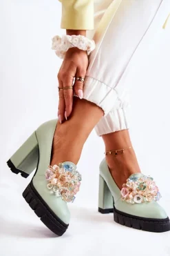 Boto Czółenka Na Platformie|Czółenka Na Słupku*Eleganckie Czółenka Z Ozdobą Gładkie Zielone Caterine - Czarna Podeszwa