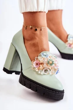 Boto Czółenka Na Platformie|Czółenka Na Słupku*Eleganckie Czółenka Z Ozdobą Gładkie Zielone Caterine - Czarna Podeszwa