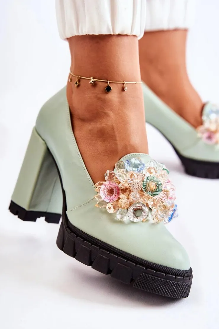 Boto Czółenka Na Platformie|Czółenka Na Słupku*Eleganckie Czółenka Z Ozdobą Gładkie Zielone Caterine - Czarna Podeszwa