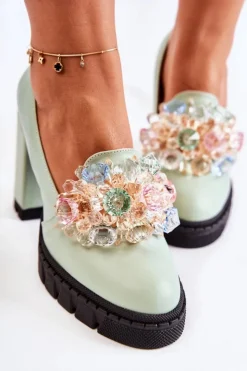 Boto Czółenka Na Platformie|Czółenka Na Słupku*Eleganckie Czółenka Z Ozdobą Gładkie Zielone Caterine - Czarna Podeszwa