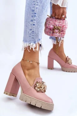 Boto Czółenka Na Platformie|Czółenka Na Słupku*Eleganckie Czółenka Z Ozdobą Gładkie Różowe Caterine